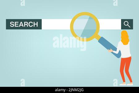 Illustration of a woman with a search box and magnifying glass Stock Vector