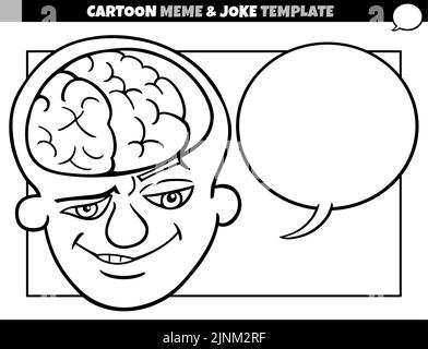 black and white cartoon illustration of meme template with blank comic speech balloon and brain man Stock Vector