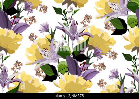 Vector floral seamless pattern with lilac lilies. Purple, yellow and coffee-colored flowers and green leaves on a white background. Stock Vector