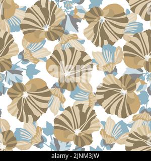 Vector floral seamless pattern in blue and coffee tones. Stylized mallows on a white background. Stock Vector