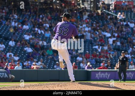 August 11 2022: Colorado pitcher Daniel Bard (52) throws a pitch during the game with Saint Louis Cardinals and Colorado Rockies held at Coors Field in Denver Co. David Seelig/Cal Sport Medi Credit: Cal Sport Media/Alamy Live News Stock Photo