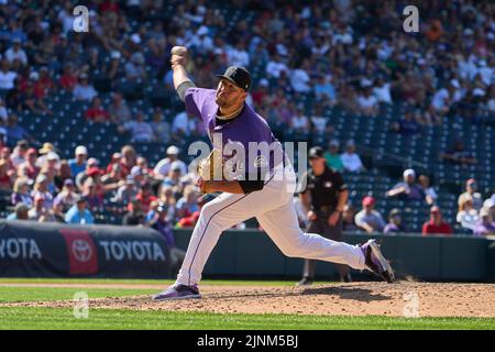 August 11 2022: Colorado pitcher Carlos Estevez 54) throws a pitch during the game with Saint Louis Cardinals and Colorado Rockies held at Coors Field in Denver Co. David Seelig/Cal Sport Medi Credit: Cal Sport Media/Alamy Live News Stock Photo