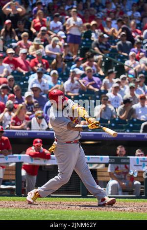August 11 2022: Saint Louis catcher Yadier Molina (4) gets a hit during the game with Saint Louis Cardinals and Colorado Rockies held at Coors Field in Denver Co. David Seelig/Cal Sport Medi Credit: Cal Sport Media/Alamy Live News Stock Photo