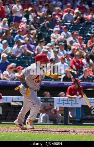 August 11 2022: Saint Louis catcher Yadier Molina (4) gets a hit during the game with Saint Louis Cardinals and Colorado Rockies held at Coors Field in Denver Co. David Seelig/Cal Sport Medi Credit: Cal Sport Media/Alamy Live News Stock Photo
