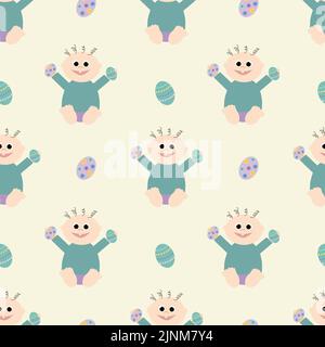 Kid holding Easter eggs on a yellow background. Easter holiday. Seamless vector illustration. Background. Stock Vector
