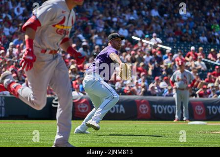 August 11 2022: Colorado pitcher Lucas Gilbreath (58) makes a play during the game with Saint Louis Cardinals and Colorado Rockies held at Coors Field in Denver Co. David Seelig/Cal Sport Medi Credit: Cal Sport Media/Alamy Live News Stock Photo
