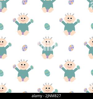 Kid holding Easter eggs on a white background. Easter holiday. Seamless vector illustration. Background. Stock Vector