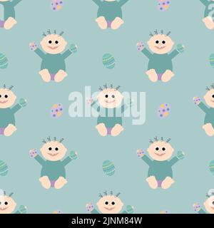 Kid holding Easter eggs on a green background. Easter holiday. Seamless vector illustration. Background. Stock Vector