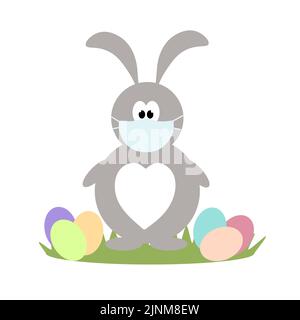 Easter bunny in a medical mask with colored eggs on the grass. Easter. Vector illustration. Postcard. Pandemic. Stock Vector