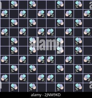 Background with flowers from multi-colored petals in a cage on a black background. Textile. Vector illustration. Stock Vector