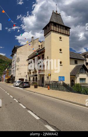 Village of Les decorated for the festival of Sant Joan due to the summer solstice (Aran Valley, Lleida, Catalonia, Spain, Pyrenees) Stock Photo