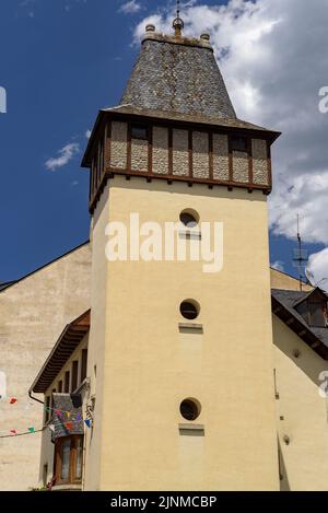 Village of Les decorated for the festival of Sant Joan due to the summer solstice (Aran Valley, Lleida, Catalonia, Spain, Pyrenees) Stock Photo