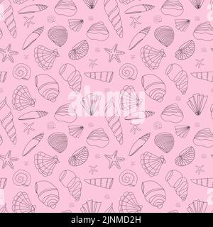 Seamless pattern of seashells in a contour on a pink background. Doodle illustration.. Stock Vector
