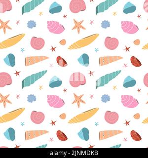 Seamless pattern with multicolored seashells on a white background. Wallpaper, fabric, splash or tekstyle. Stock Vector