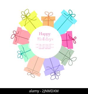 Postcard - congratulations with multi-colored gift boxes. Stock Vector