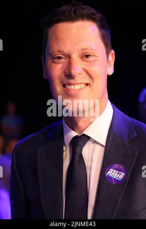 Cheltenham, UK. 12 August 2022. Alex Chalk MP, Member of Parliament for Cheltenham, a supporter of Rishi Sunak, at the Conservative Party leadership h Stock Photo