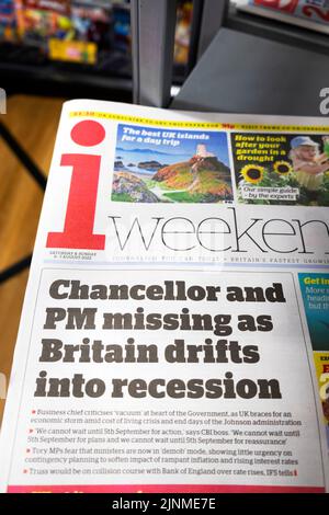 'Chancellor and PM missing as Britain drifts into recession' i newspaper headline front page 6 - 7 August 2022 London England UK Stock Photo