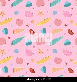 Seamless pattern with multicolored seashells on a pink background. Wallpaper, fabric, splash or tekstyle. Stock Vector