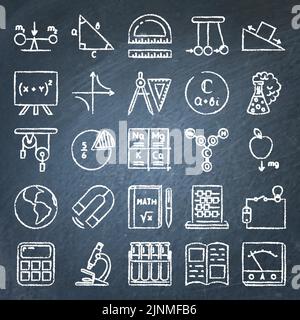 Education icon set on blackboard. Chalkboard school and learning symbols. Vector illustration. Stock Vector