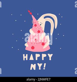 Design greeting card for the new year. Cute rabbit symbol of Chinese 2023 climbed on the Christmas tree. Cute vector hand drawing illustration. Stock Vector