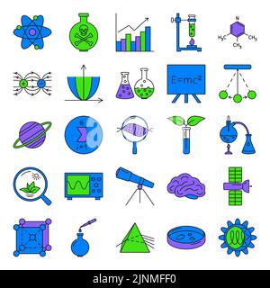 Science icon set in colored line style. Scientific elements collection. Vector illustration. Stock Vector