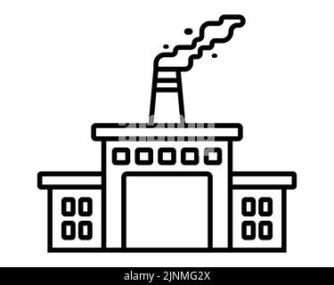 black linear icon of factory with chimney and smoke. flat vector illustration. Stock Vector