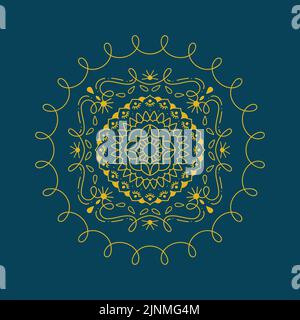 Navy Blue background and Yellow Hand drawn Mandala Design Vector Illustration. Floral Organic Motif for invite, fabric, yoga, ethnic, invite decoration. Tribal style organic doodle graphic template Stock Vector