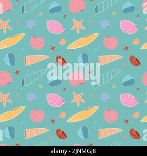 Seamless pattern with multicolored seashells on a green background. Wallpaper, fabric, splash or tekstyle. Stock Vector