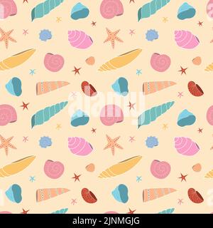 Seamless pattern with multicolored seashells on a yellow background. Wallpaper, fabric, splash or tekstyle. Stock Vector