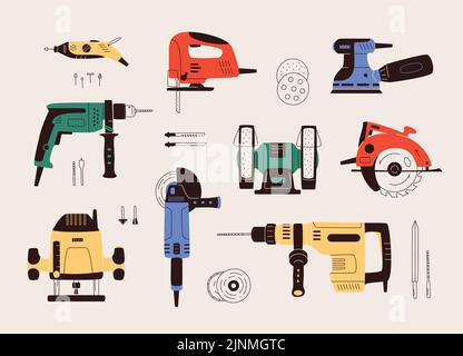 Flat design illustration of power electric hand tools. Set includes icons of engraver, jigsaw, angle grinder, hammer drill, circular saw, plunge route Stock Vector