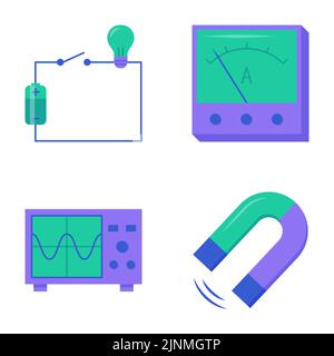 Physics icon set in flat style. Electric circuit scheme, magnetic force, ammeter and oscilloscope symbols. Vector illustration. Stock Vector