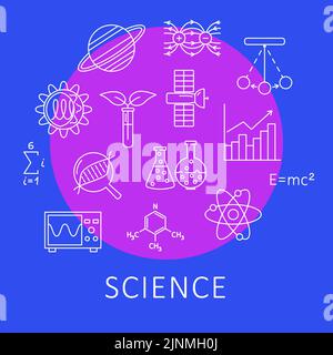Science banner with icons in line style and text. Vector illustration. Stock Vector