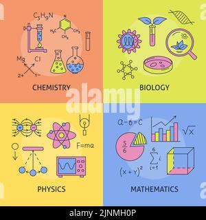 Science banners set in colored line style. Chemistry, biology, physics and mathematics. Vector illustration. Stock Vector