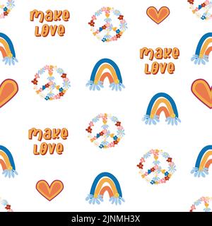 Love heart, peace symbol, rainbow retro 70s seamless pattern. Scattered heart shapes on a swirling background. groovy design in the style of the seventies. Stock Vector