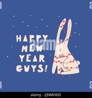 Design greeting card for the new year. A cute rabbit symbol of the Chinese year 2023 wrapped in a New Years garland. Cute vector hand drawing Stock Vector