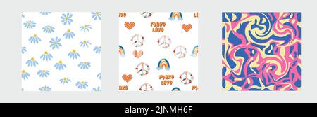 1970s Set of retro seamless pattern. Floral, swirl, mushrooms, peace symbol, camomile, smile. Groovy design in the style of the seventies. Stock Vector