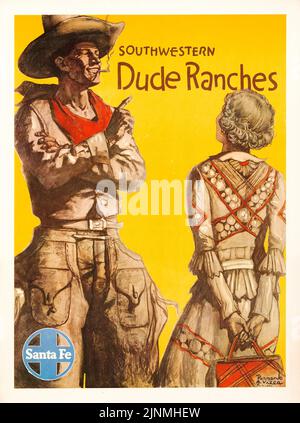 Southwestern Dude Ranches - Santa Fe Railway (1940s) Travel Poster - Hernando Villa Artwork. Stock Photo