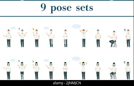 Male and female nurse pose illustrations, 9 sets Stock Vector