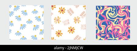Set of retro 1970s seamless pattern. Floral, swirl, mushrooms, peace symbol, camomile, smile. Groovy design in the style of the seventies. Stock Vector