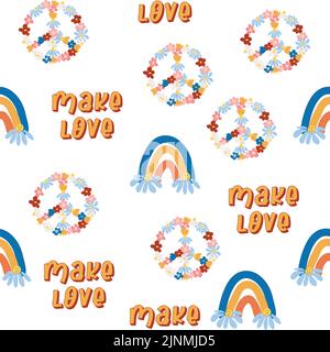 Love heart, peace symbol, rainbow retro 70s seamless pattern. Scattered heart shapes on a swirling background. groovy design in the style of the seventies. Stock Vector
