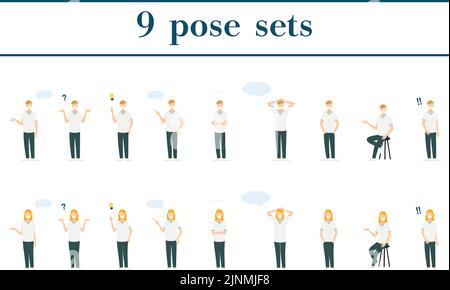 Male and female nurse pose illustrations, 9 sets Stock Vector