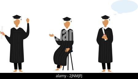 College student in graduation mortarboard and gown, 3 poses Stock Vector