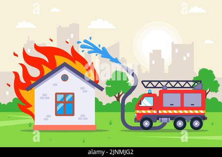 firefighters extinguish a wooden burning house. fire hose with water. flat vector illustration. Stock Vector