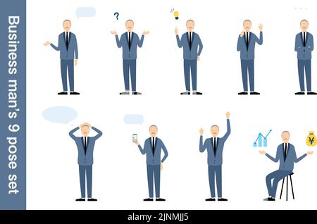 Senior businessman in a suit, 9 pose set Stock Vector