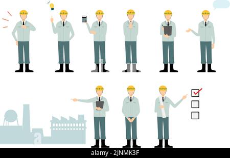 Construction site director pose set, male Stock Vector