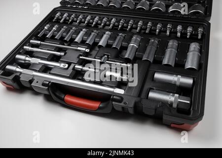 Auto mechanic hand tools set on white table Stock Photo
