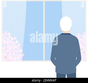 Elderly man looking at the cherry blossoms in full bloom from the window Stock Vector