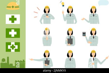 Construction site director pose set, female Stock Vector