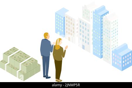 Isometric, senior men and women trying to buy an apartment Stock Vector