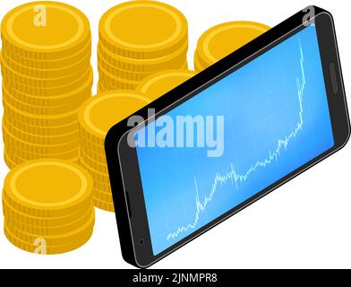 Smartphone screen showing rising chart of virtual currency and virtual currency, isometric Stock Vector